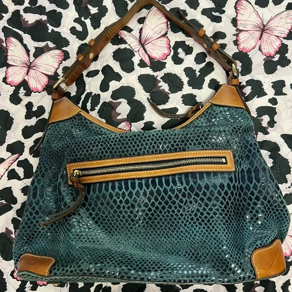 Dooney & Bourke Erica 90s Hobo Bag Snake Embossed Navy Blue Leather Suede Purse - Picture 3 of 11